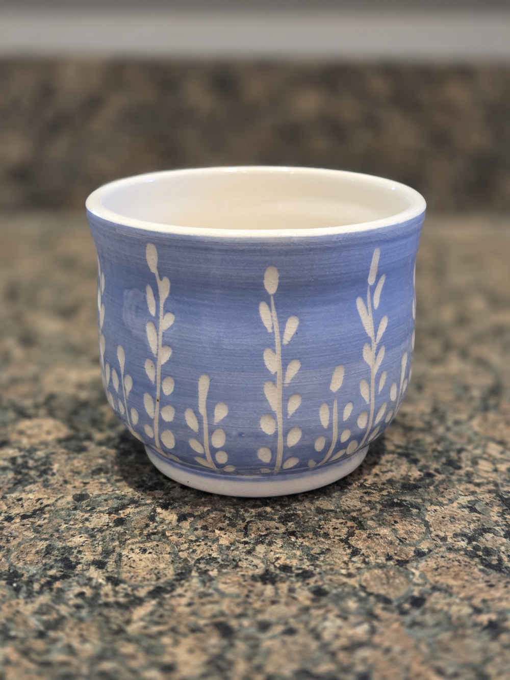 Hand-Painted Handmade Pottery Blue with White Leaf Design